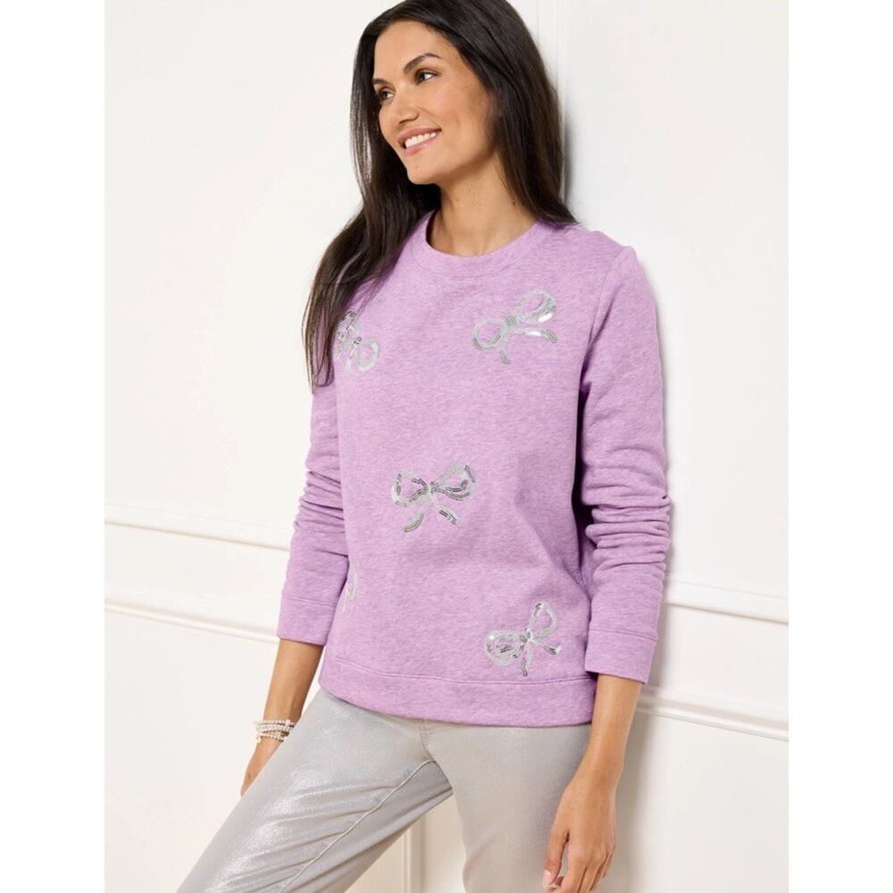 Talbots Womens Crewneck Sweater Embellished Bows Purple XL Coquette